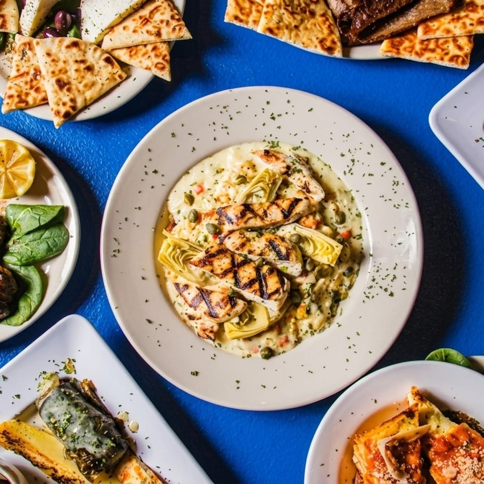 Overhead view of various Greek dishes, including lamb chops, grilled chicken, and pita bread.