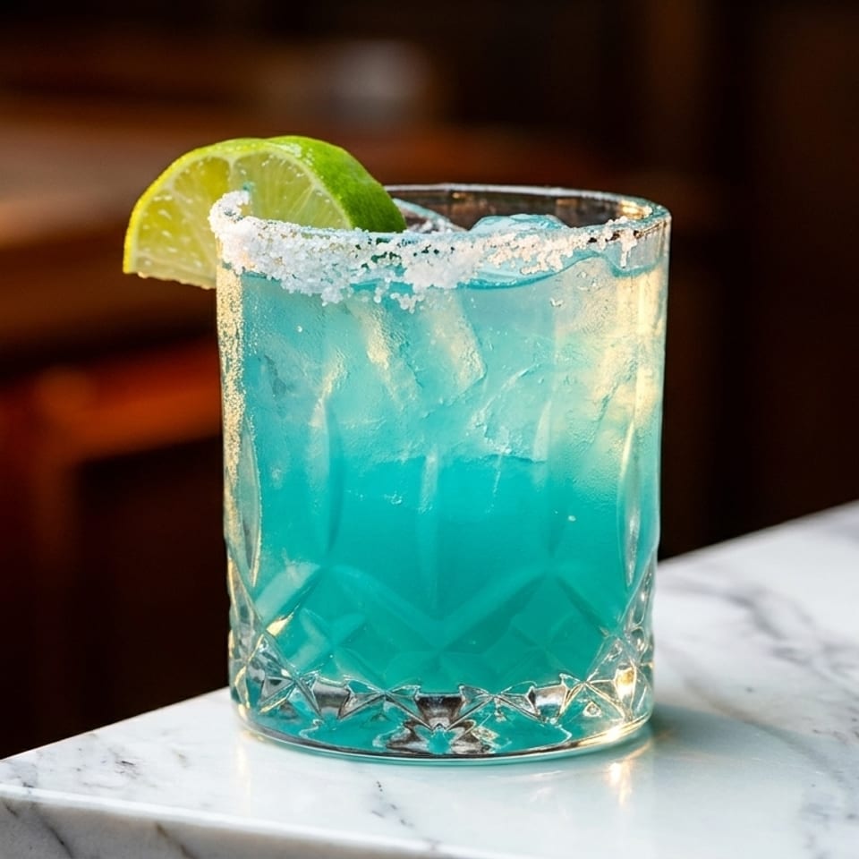 Blue cocktail with ice, a salted rim, and a lime wedge on a marble surface.