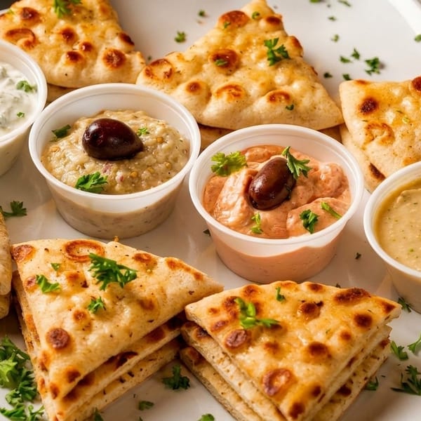 A white platter holds pita bread triangles and four small cups of dips, each topped with an olive.