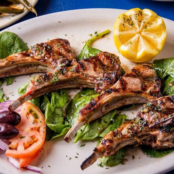 Grilled lamb chops with spinach, tomato, red onion, olives, and a lemon wedge on a white plate.