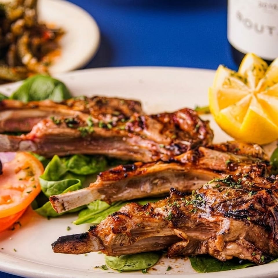 Grilled lamb chops with spinach, tomato, red onion, olives, and a carved lemon on a white plate.